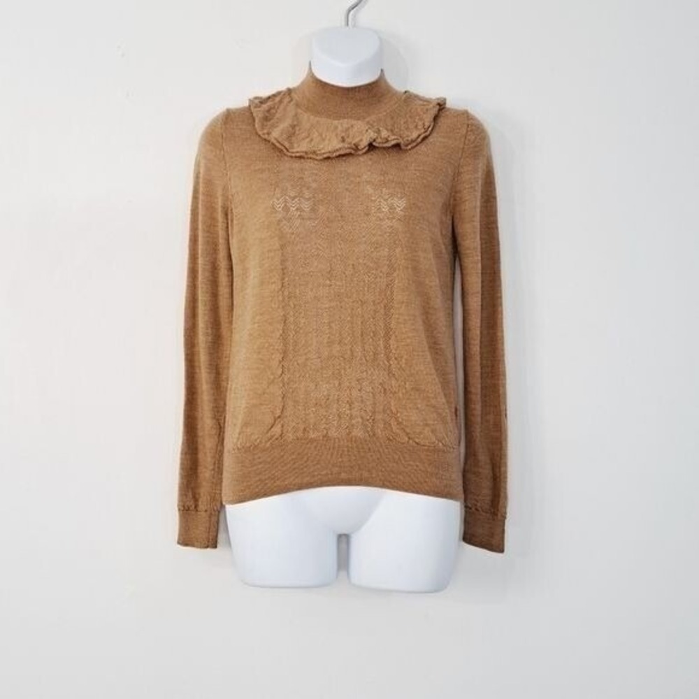J. Crew Sweater Womens XS Tan Merino Wool Ruffle Mock Neck AR552